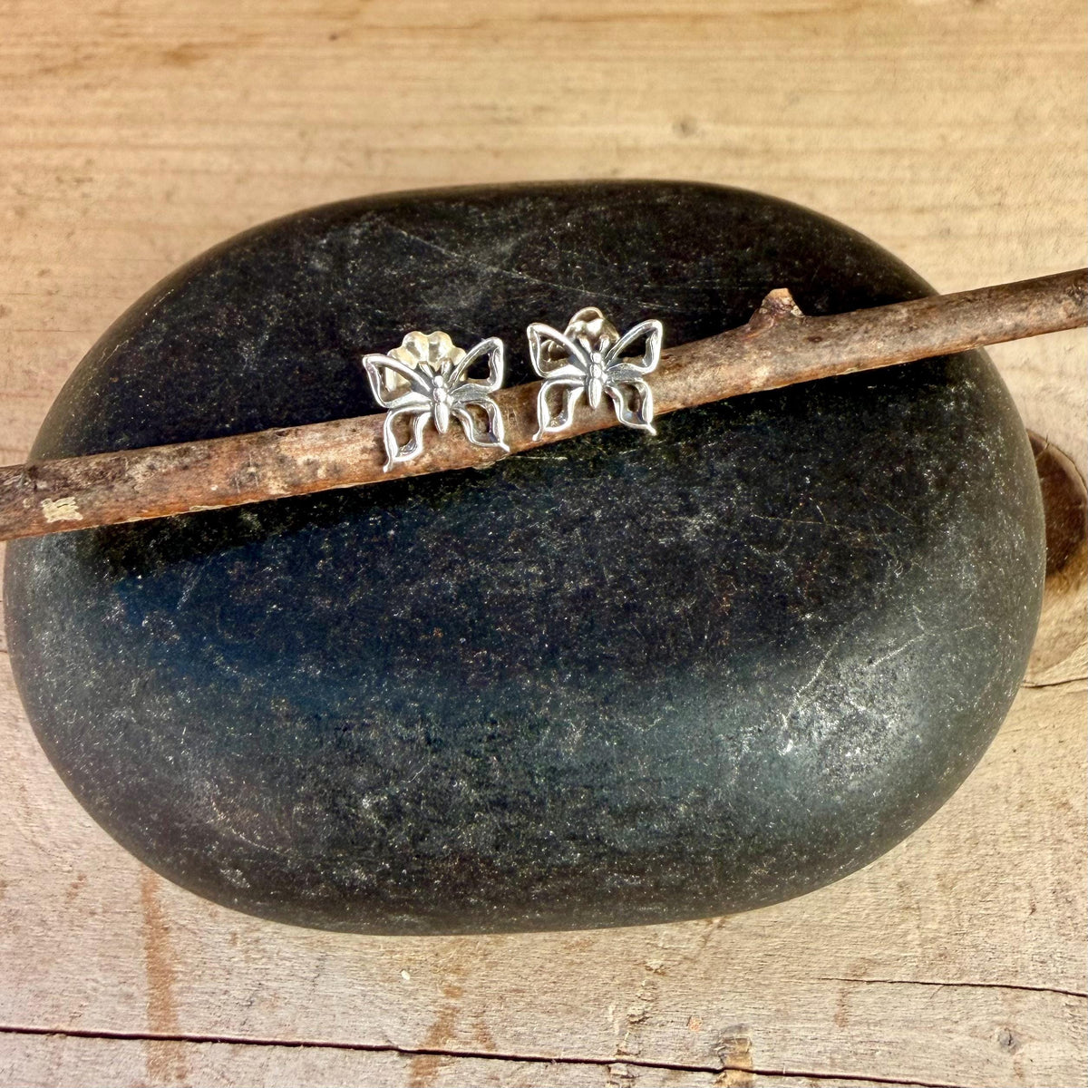 Sterling Silver Butterfly Stud Earrings, Dainty Oxidized Nature Jewelry