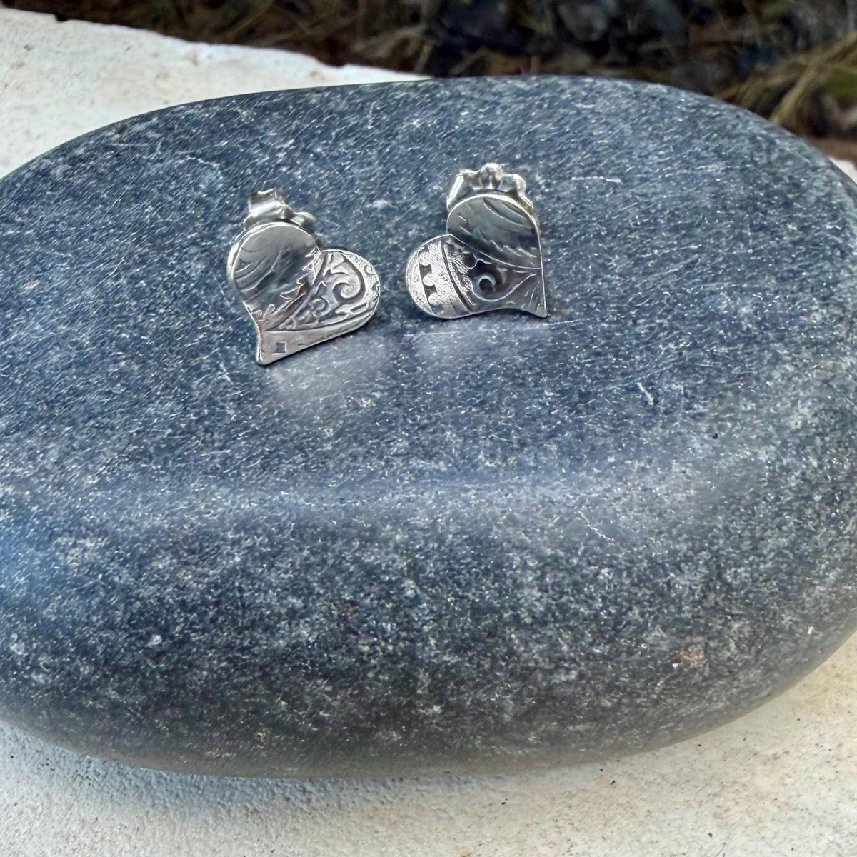 Sterling Silver Paisley Heart Stud Earrings | Textured Heart Posts | Southwestern Style