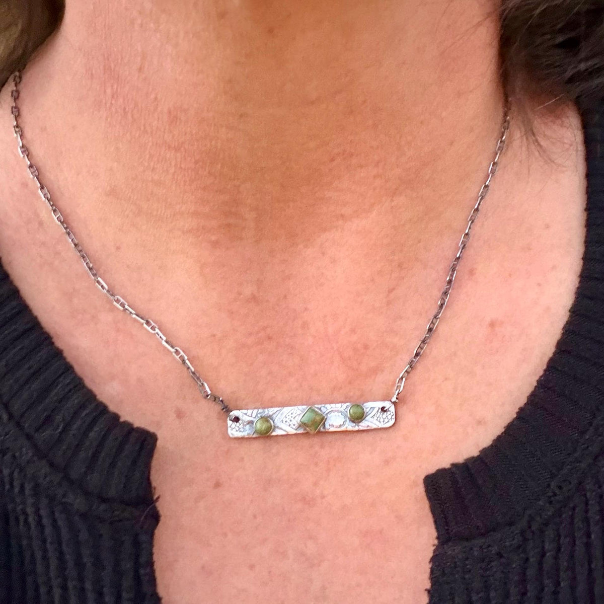 Kingman Green Turquoise Bar Necklace • Sterling Silver Pendant • Rustic Southwestern Jewelry