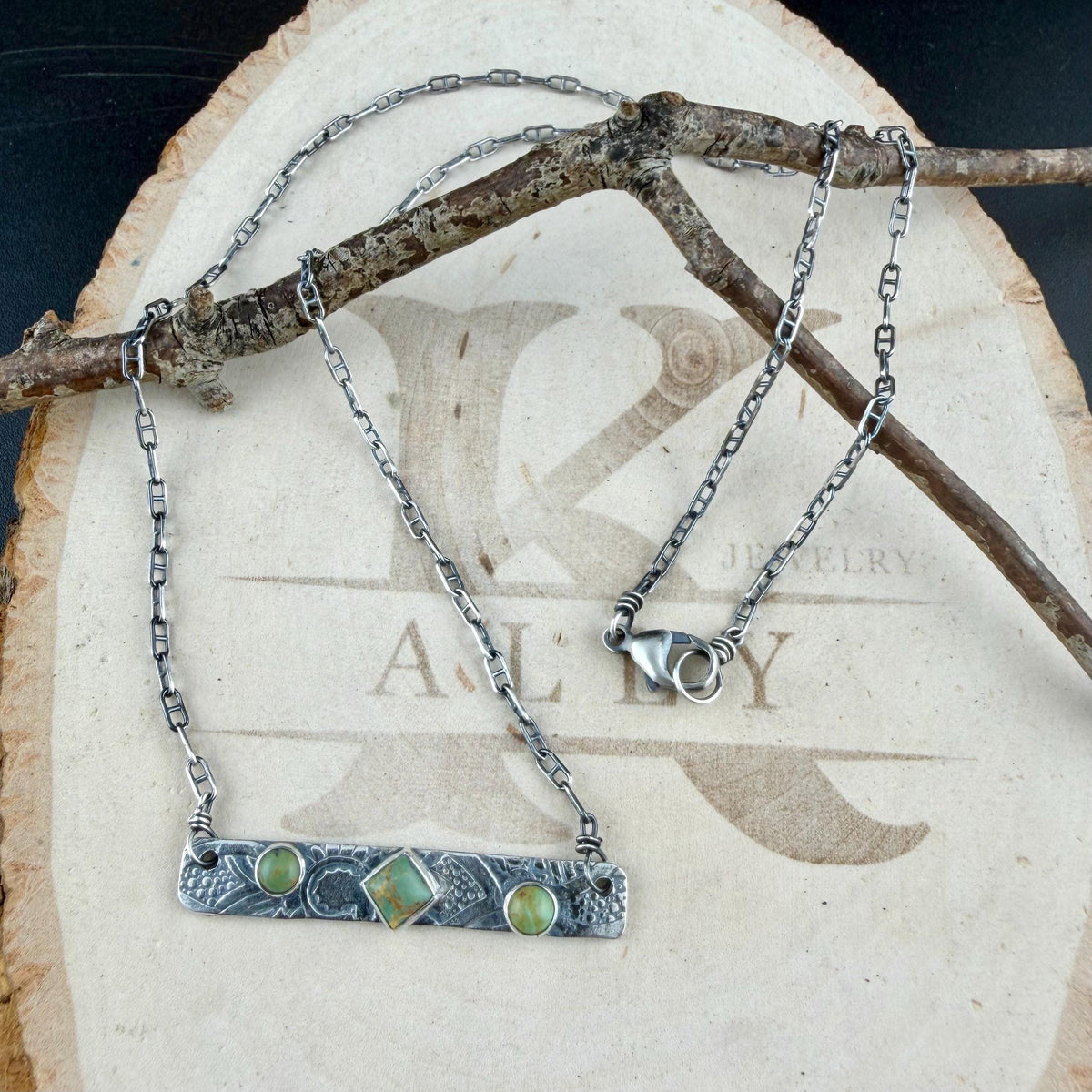 Kingman Green Turquoise Bar Necklace • Sterling Silver Pendant • Rustic Southwestern Jewelry