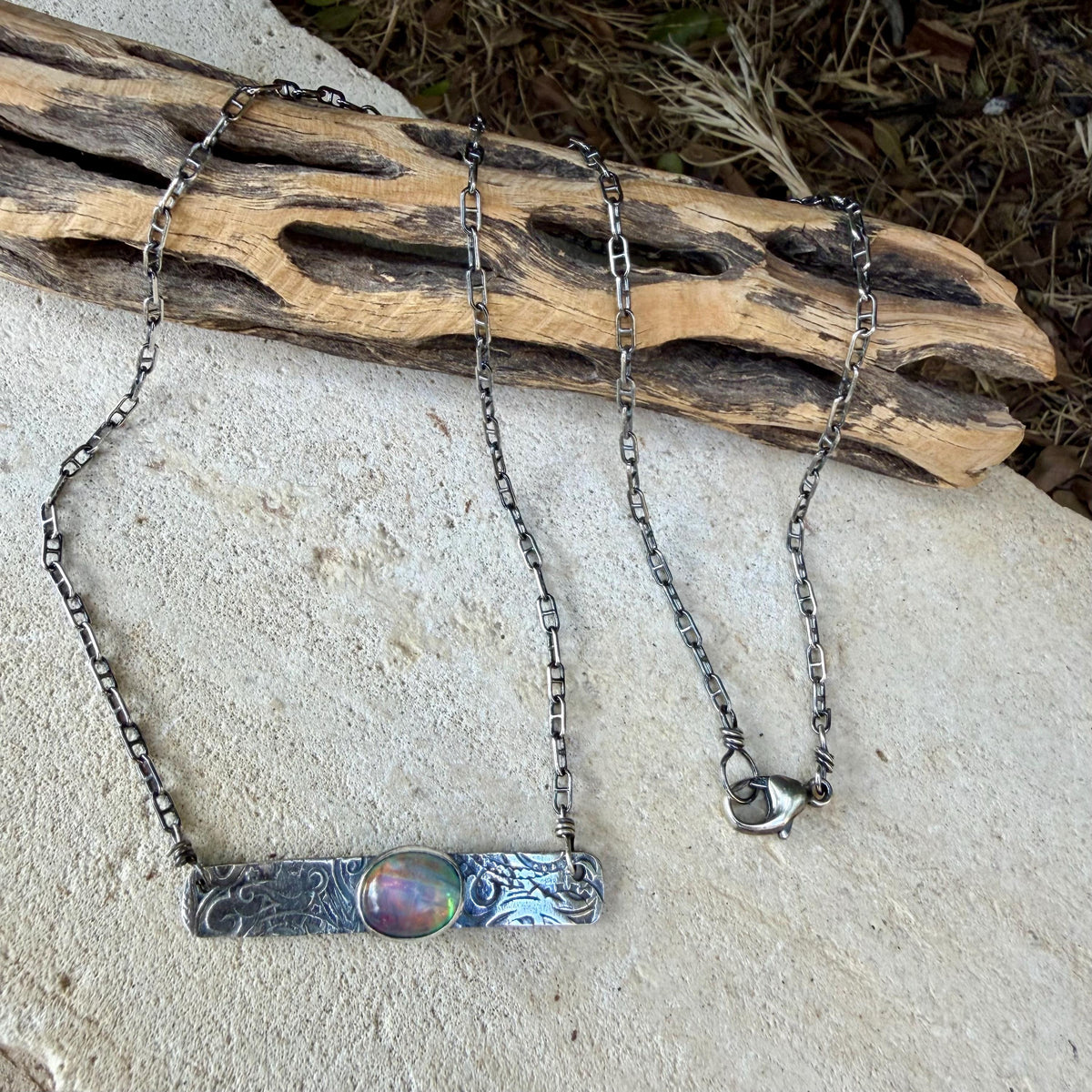 Rainbow Moonstone Paisley Bar Necklace • Sterling Silver Moonstone Jewelry • Rustic Southwestern Edition