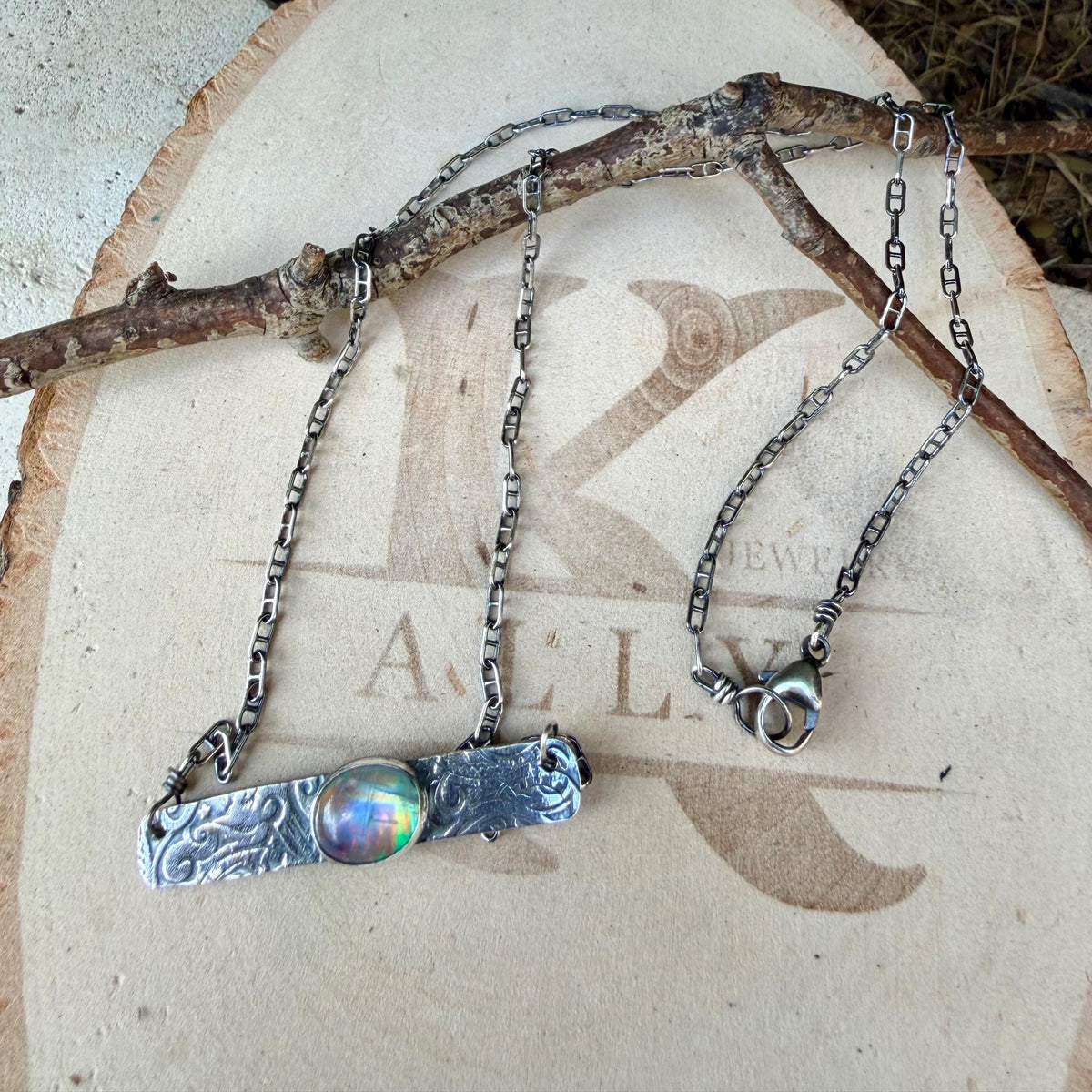 Rainbow Moonstone Paisley Bar Necklace • Sterling Silver Moonstone Jewelry • Rustic Southwestern Edition