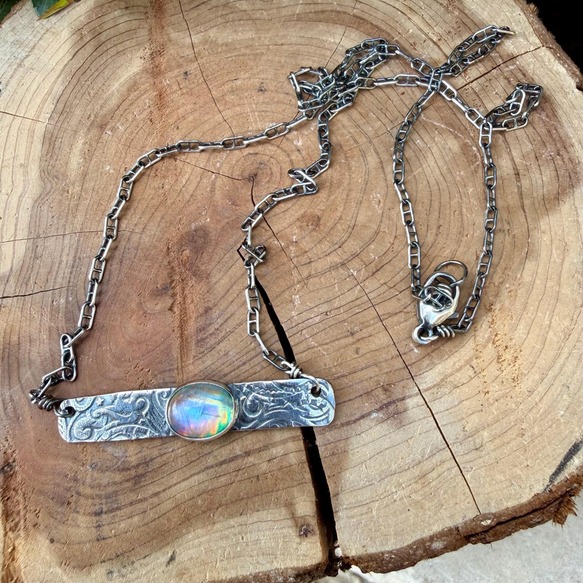 Rainbow Moonstone Paisley Bar Necklace • Sterling Silver Moonstone Jewelry • Rustic Southwestern Edition