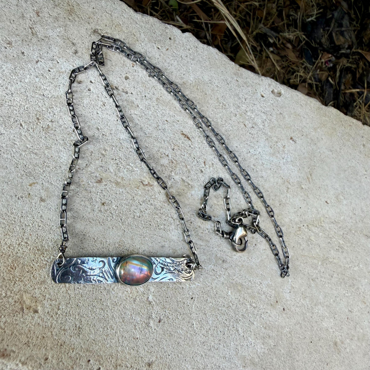 Rainbow Moonstone Paisley Bar Necklace • Sterling Silver Moonstone Jewelry • Rustic Southwestern Edition