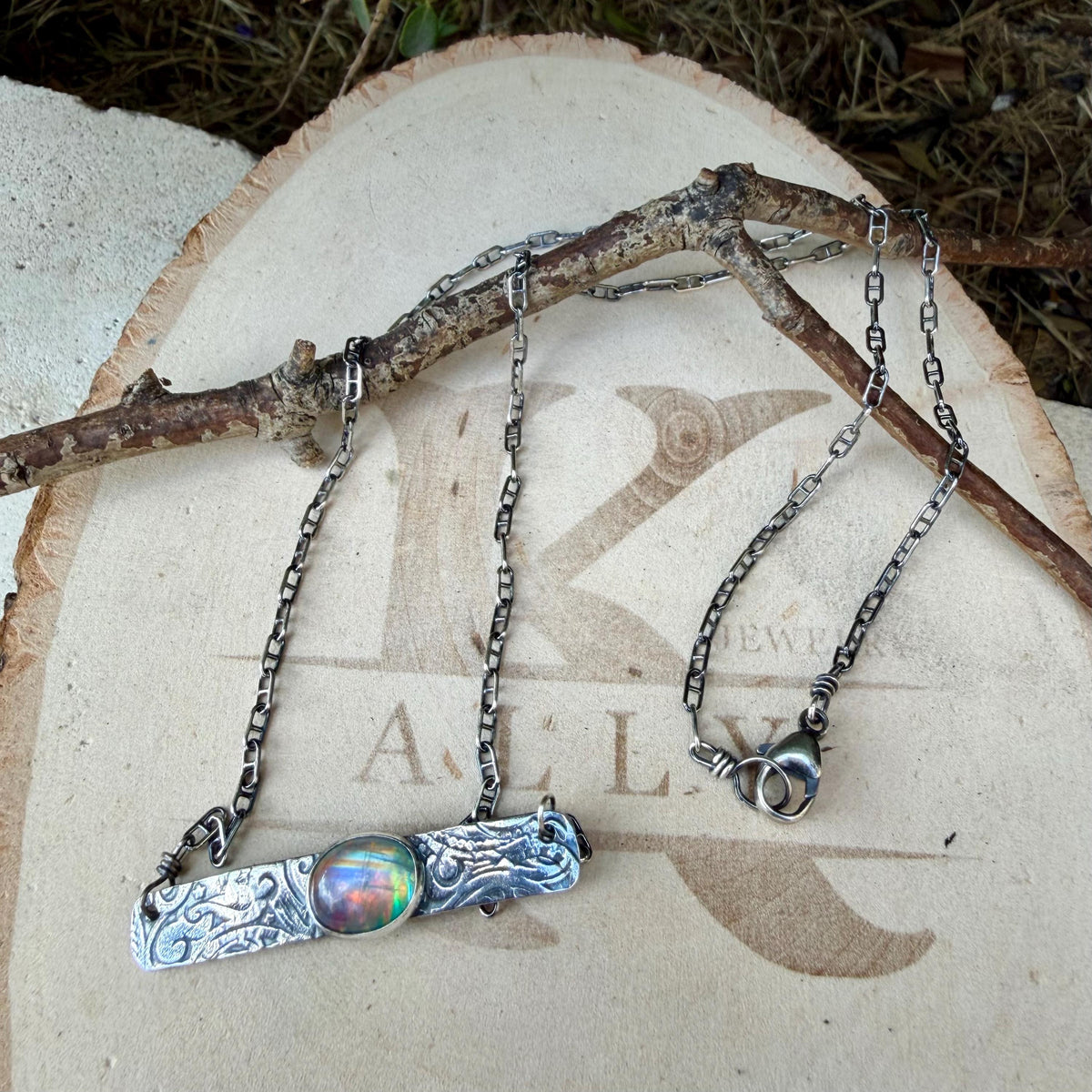 Rainbow Moonstone Paisley Bar Necklace • Sterling Silver Moonstone Jewelry • Rustic Southwestern Edition