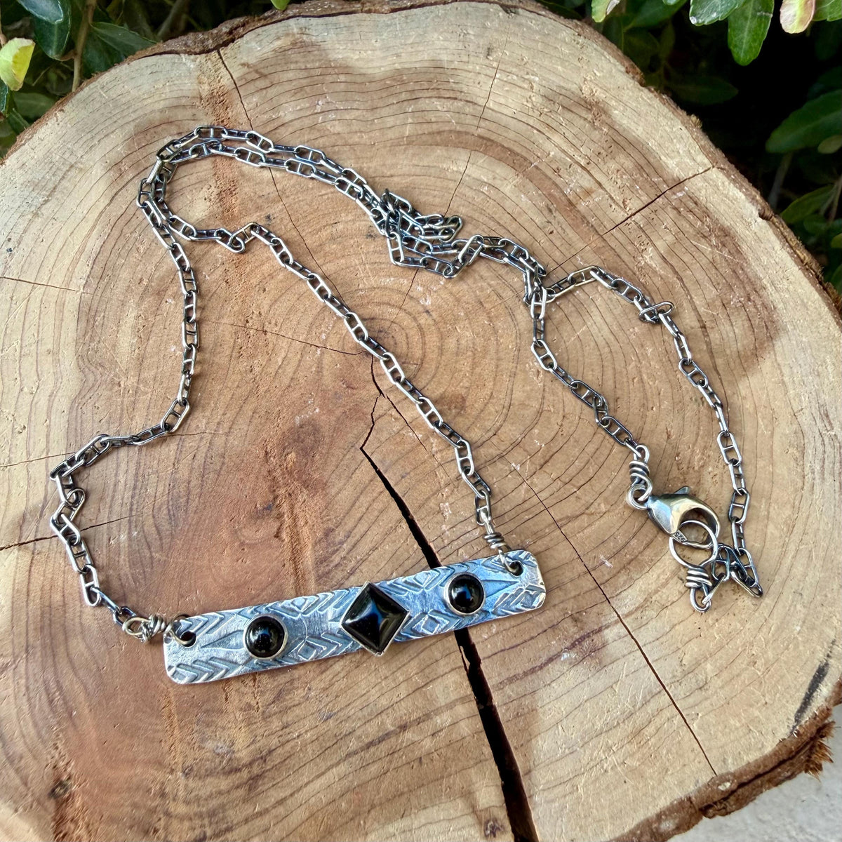 Black Onyx Bar Necklace • Sterling Silver Pendant • Rustic Southwestern Jewelry