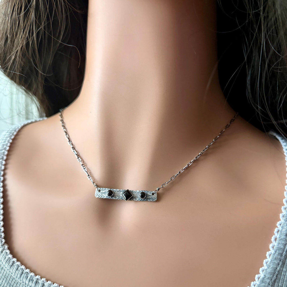 Black Onyx Bar Necklace • Sterling Silver Pendant • Rustic Southwestern Jewelry