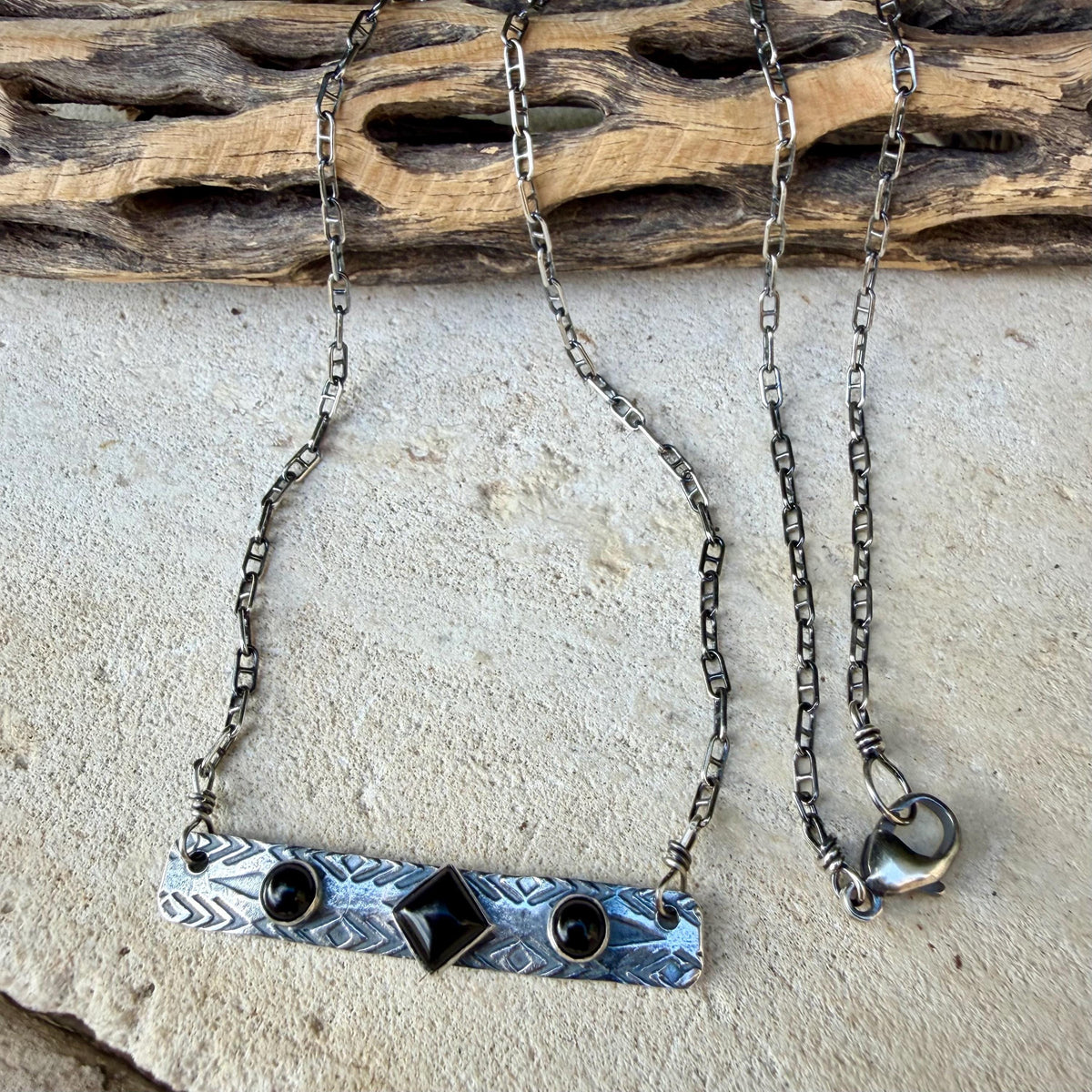 Black Onyx Bar Necklace • Sterling Silver Pendant • Rustic Southwestern Jewelry