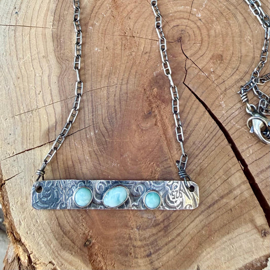 Larimar Bar Necklace • Sterling Silver Pendant • Paisley Southwestern Jewelry