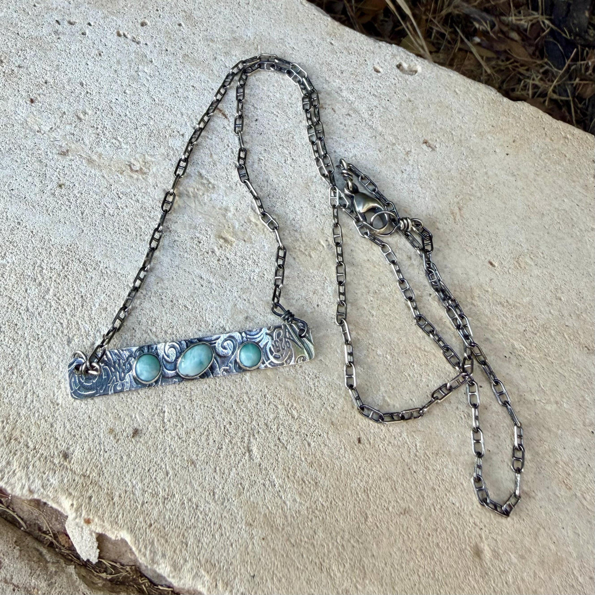 Larimar Bar Necklace • Sterling Silver Pendant • Paisley Southwestern Jewelry