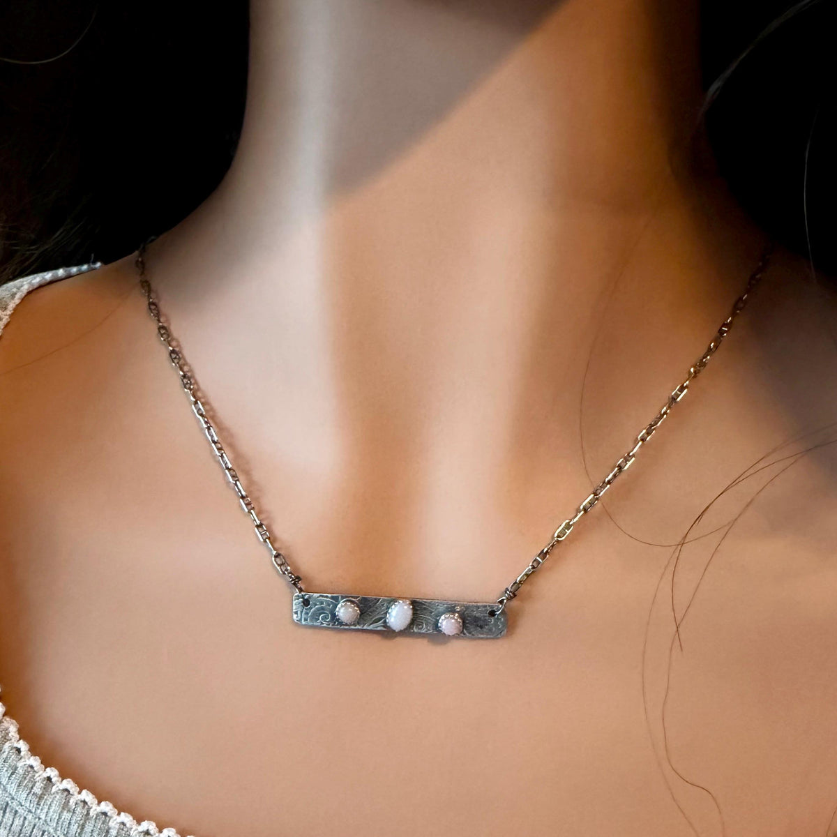 Pink Opal Bar Necklace • Sterling Silver Pendant • Paisley Southwestern Jewelry