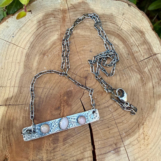 Pink Opal Bar Necklace • Sterling Silver Pendant • Paisley Southwestern Jewelry
