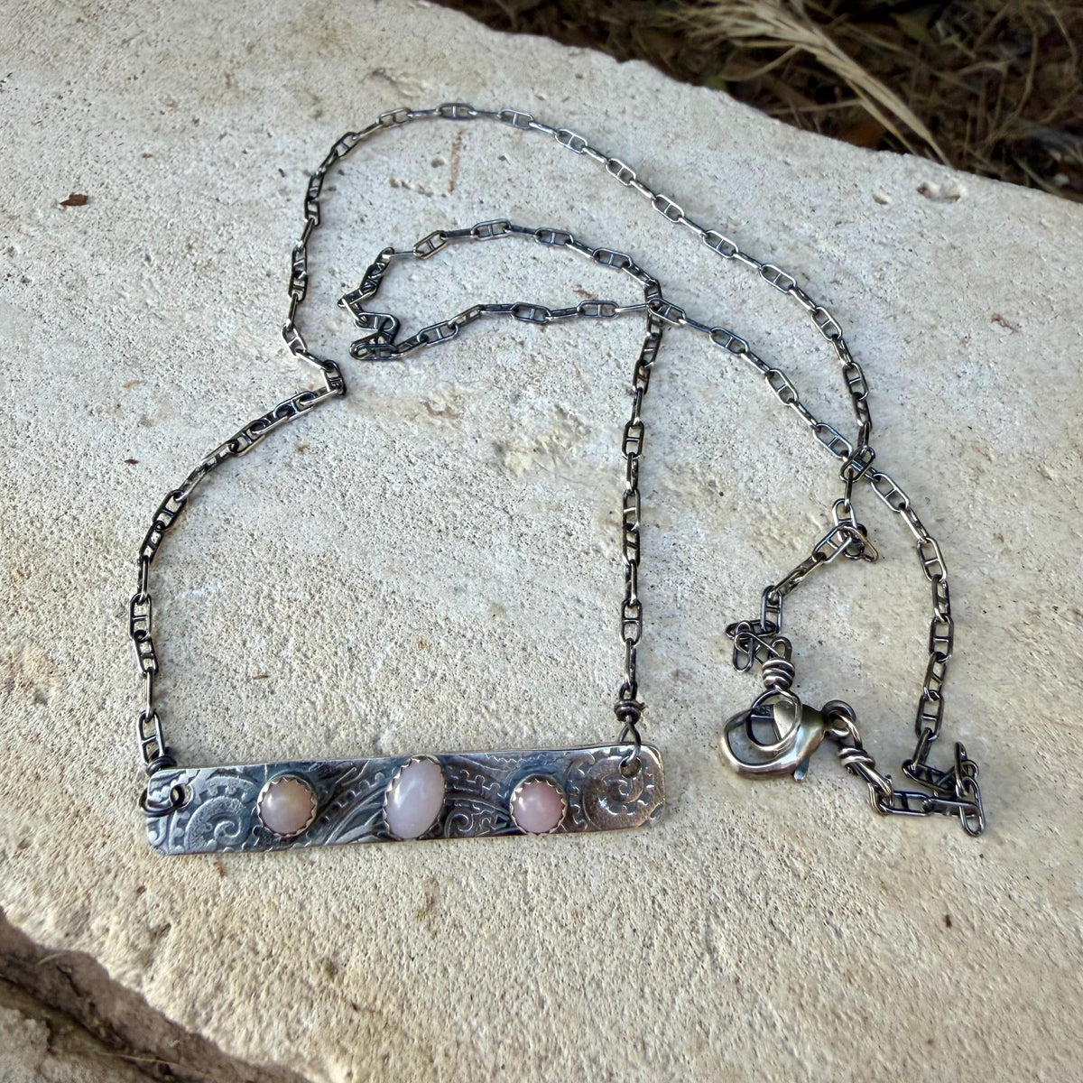 Pink Opal Bar Necklace • Sterling Silver Pendant • Paisley Southwestern Jewelry