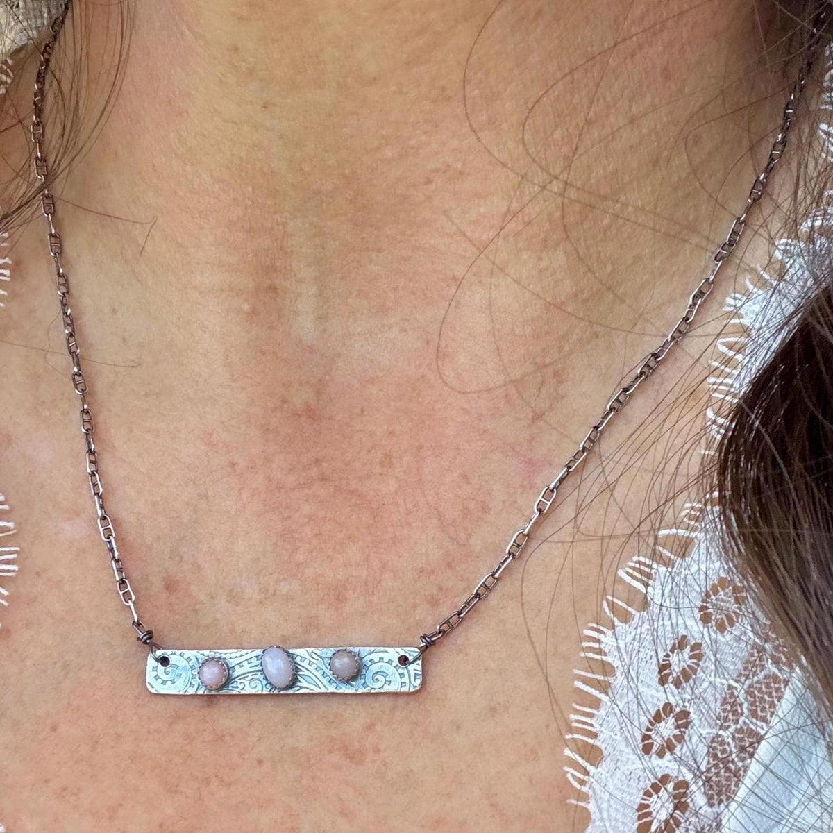 Pink Opal Bar Necklace • Sterling Silver Pendant • Paisley Southwestern Jewelry