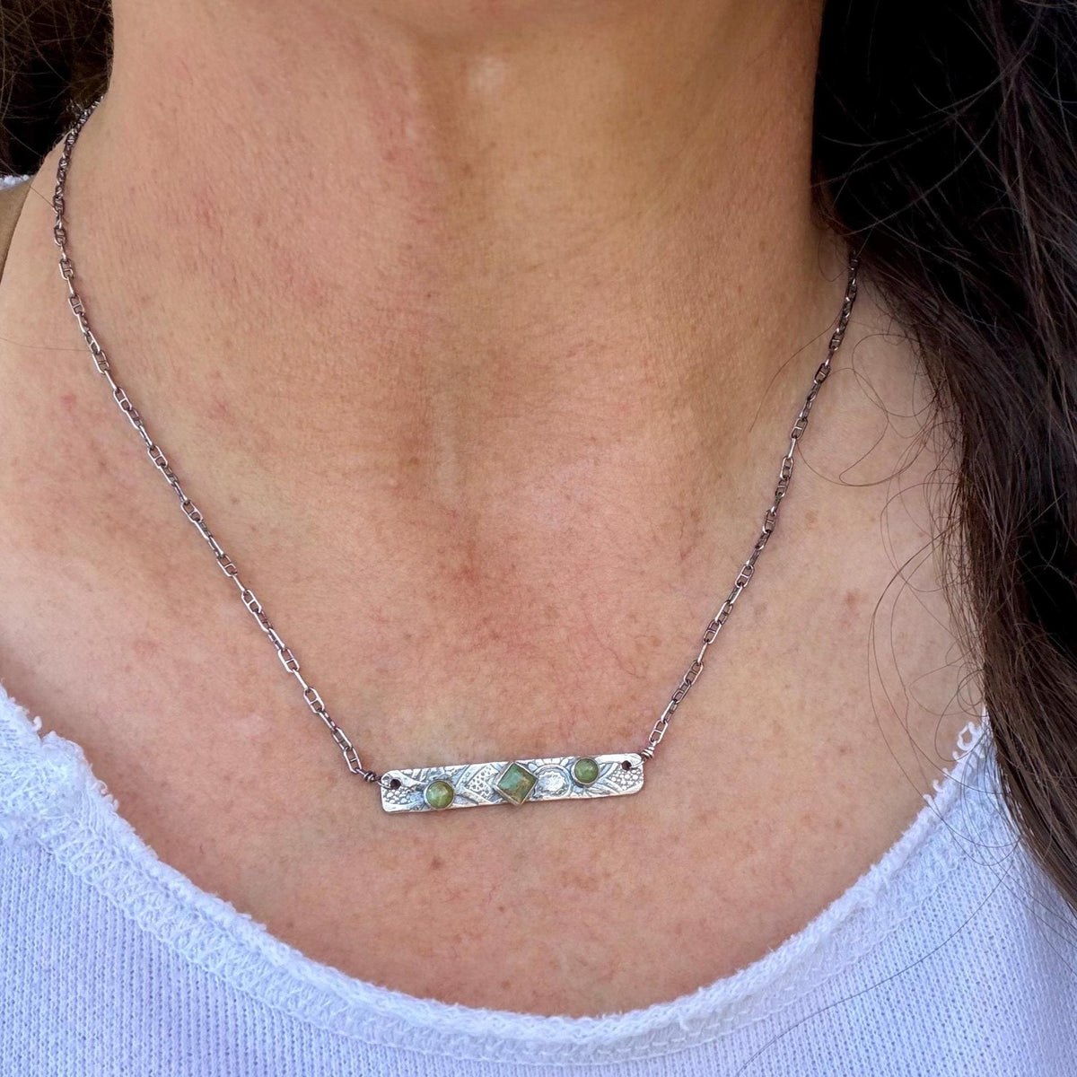 Kingman Green Turquoise Bar Necklace • Sterling Silver Pendant • Rustic Southwestern Jewelry