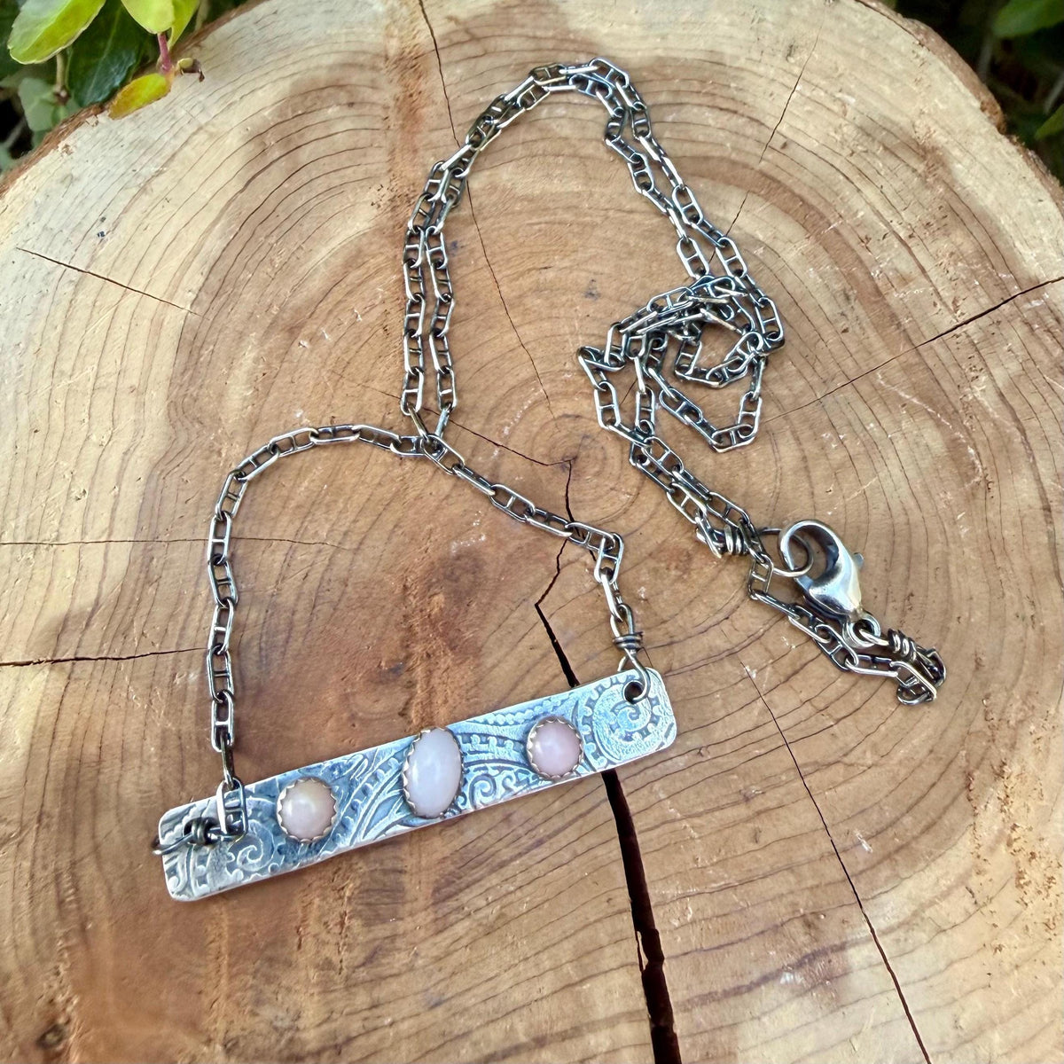Pink Opal Bar Necklace • Sterling Silver Pendant • Paisley Southwestern Jewelry