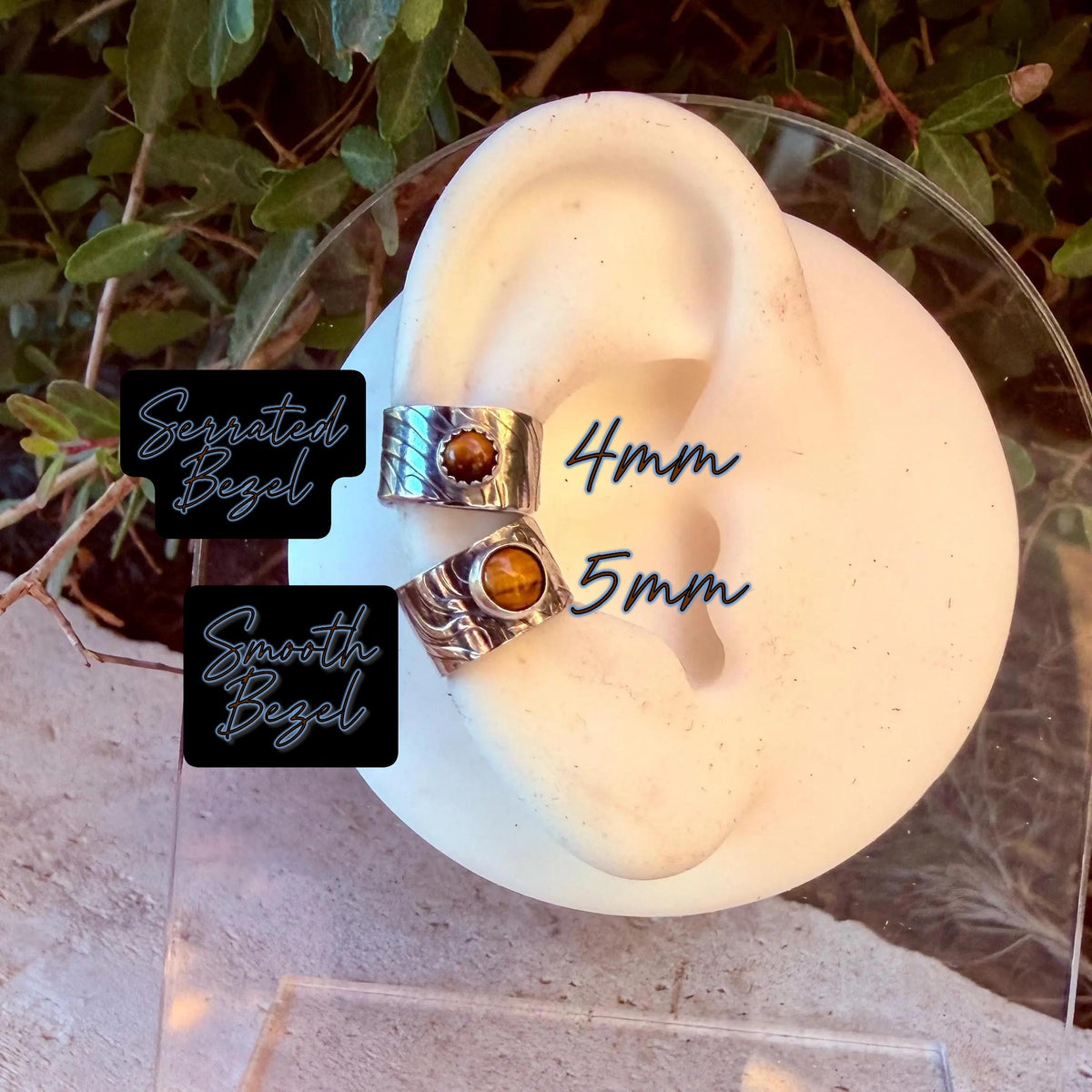 Tiger's Eye Ear Cuff • Sterling Silver Wide Band • Faux Conch • No Piercing • 4mm-5mm