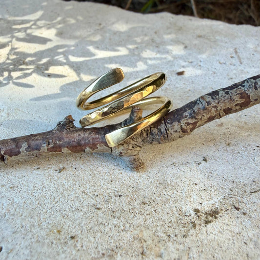 Brass Double Coil Ring • Hand‑Forged Bypass Band • Minimalist Gold‑Tone Jewelry