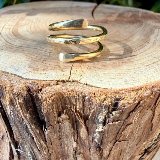 Brass Double Coil Ring • Hand‑Forged Bypass Band • Minimalist Gold‑Tone Jewelry