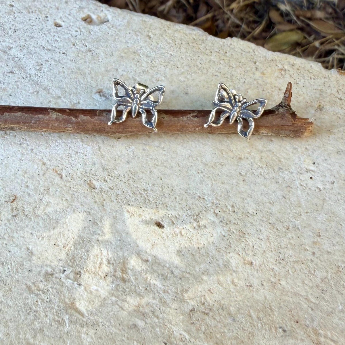 Sterling Silver Butterfly Stud Earrings, Dainty Oxidized Nature Jewelry