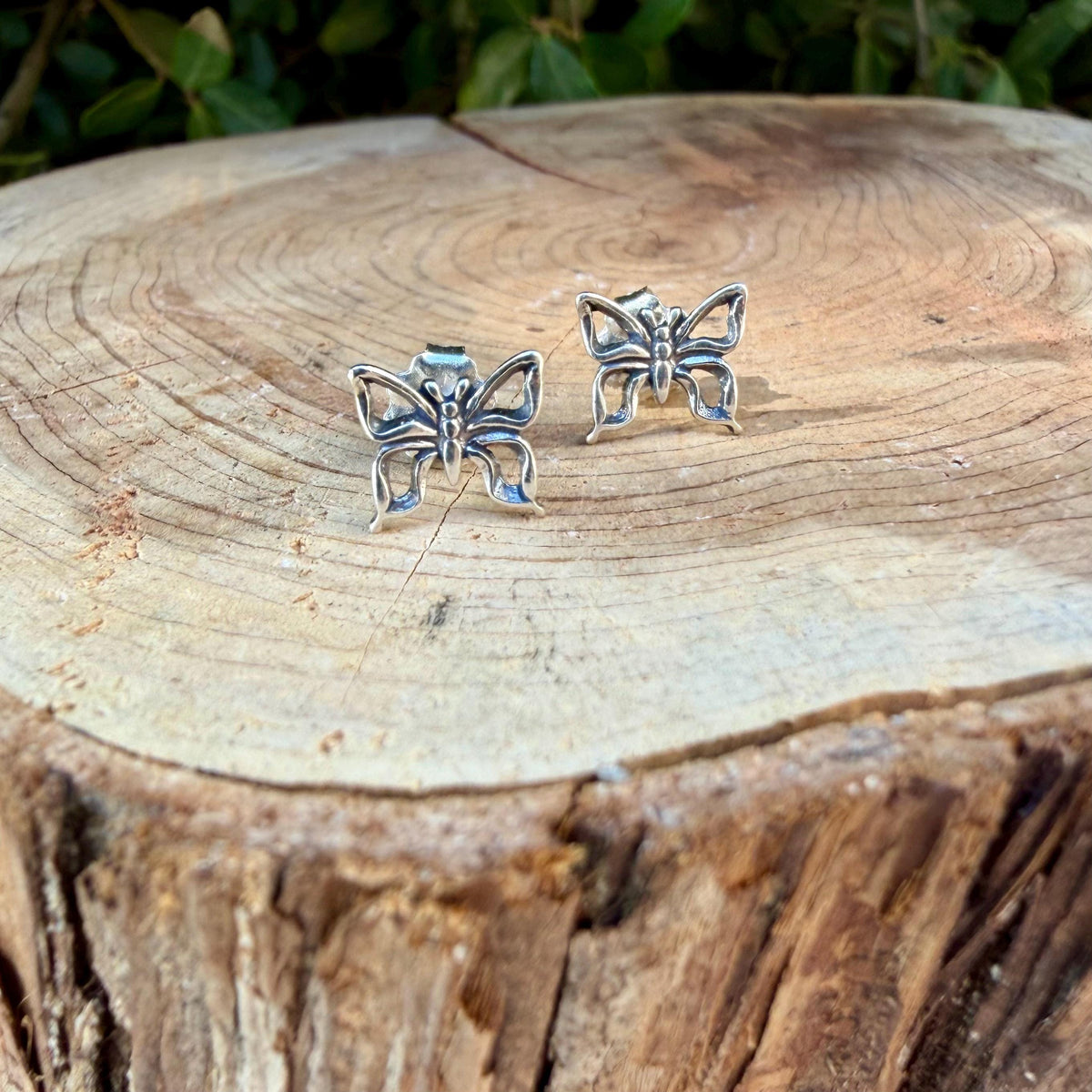 Sterling Silver Butterfly Stud Earrings, Dainty Oxidized Nature Jewelry