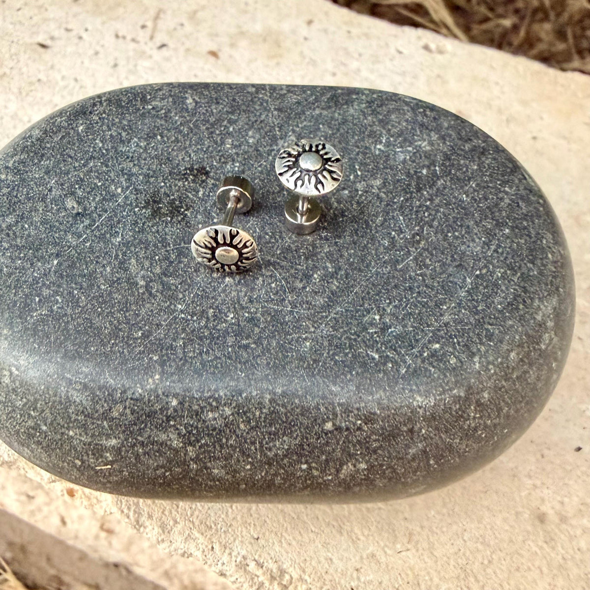 Sterling Silver Sun Labret | Flat Back Stud | Cartilage Helix Tragus Earring | Single or Pair