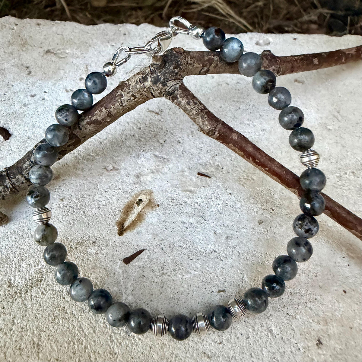 Larvikite Sterling Silver Bracelet • Black Labradorite Bracelet • Dainty Gemstone Jewelry • Stackable Beaded Bracelet