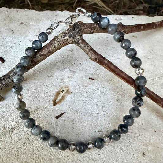 Larvikite Sterling Silver Bracelet • Black Labradorite Bracelet • Dainty Gemstone Jewelry • Stackable Beaded Bracelet
