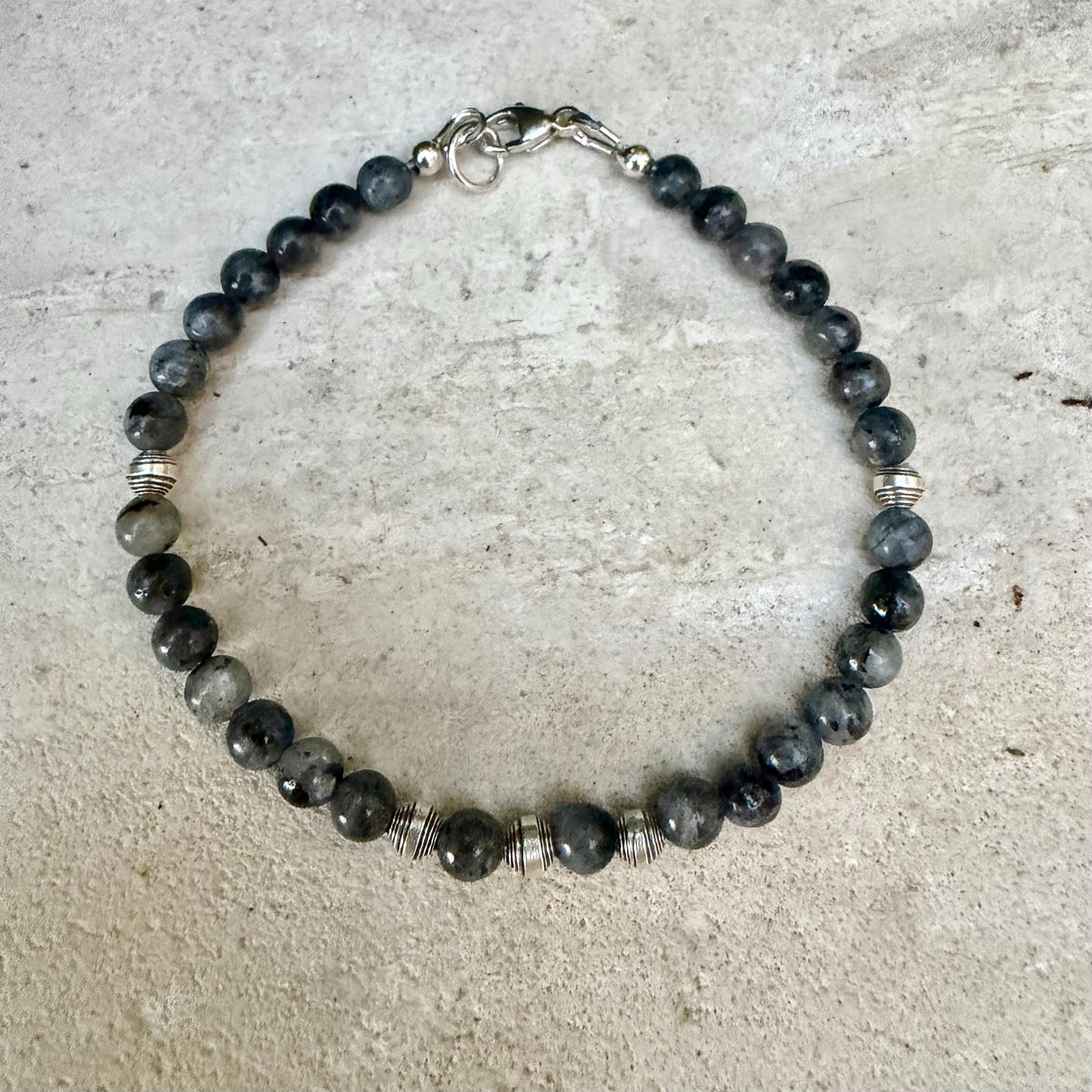 Larvikite Sterling Silver Bracelet • Black Labradorite Bracelet • Dainty Gemstone Jewelry • Stackable Beaded Bracelet