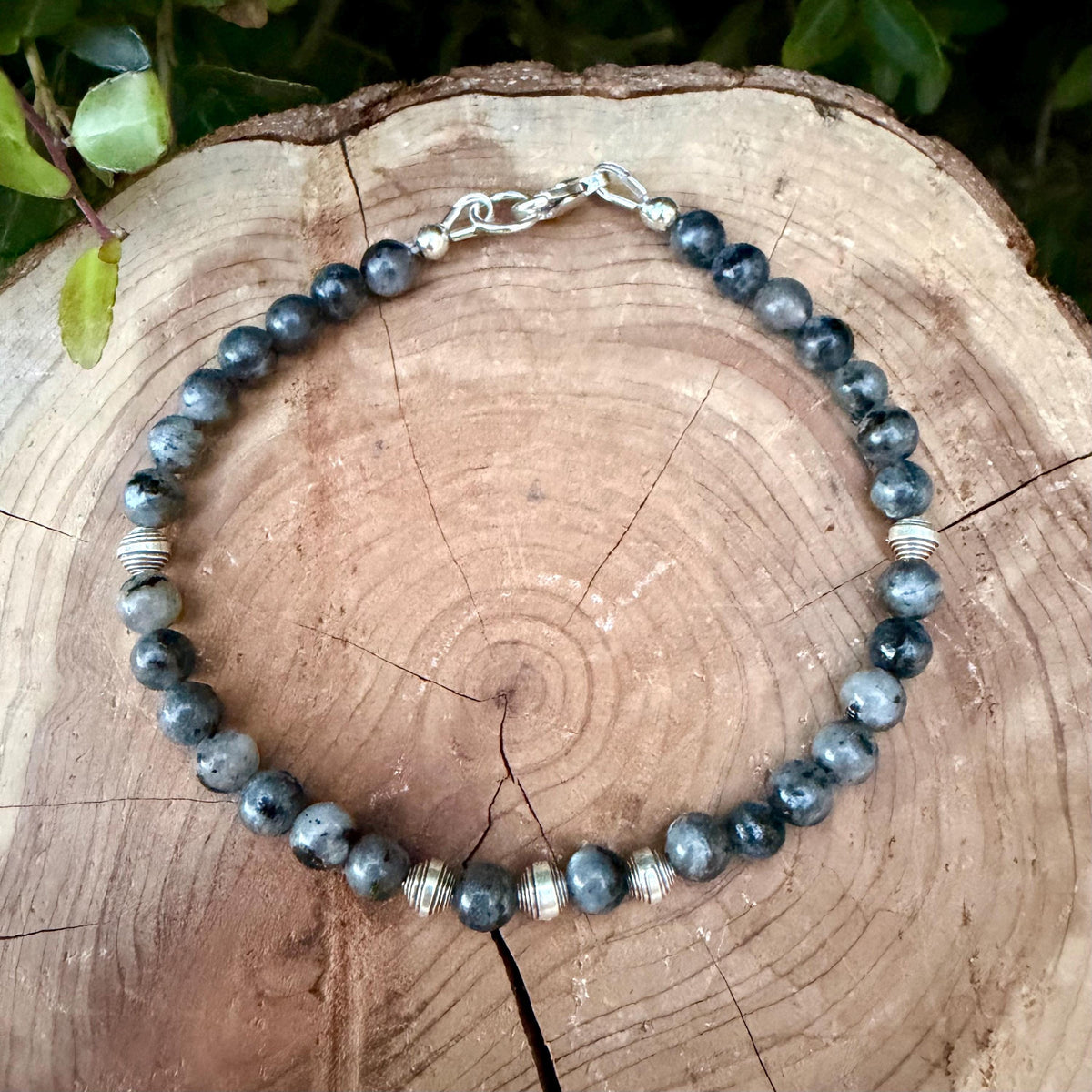 Larvikite Sterling Silver Bracelet • Black Labradorite Bracelet • Dainty Gemstone Jewelry • Stackable Beaded Bracelet