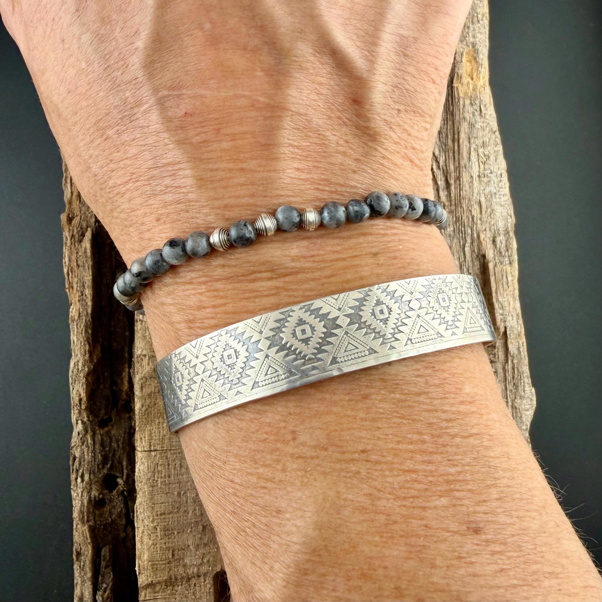 Larvikite Sterling Silver Bracelet • Black Labradorite Bracelet • Dainty Gemstone Jewelry • Stackable Beaded Bracelet