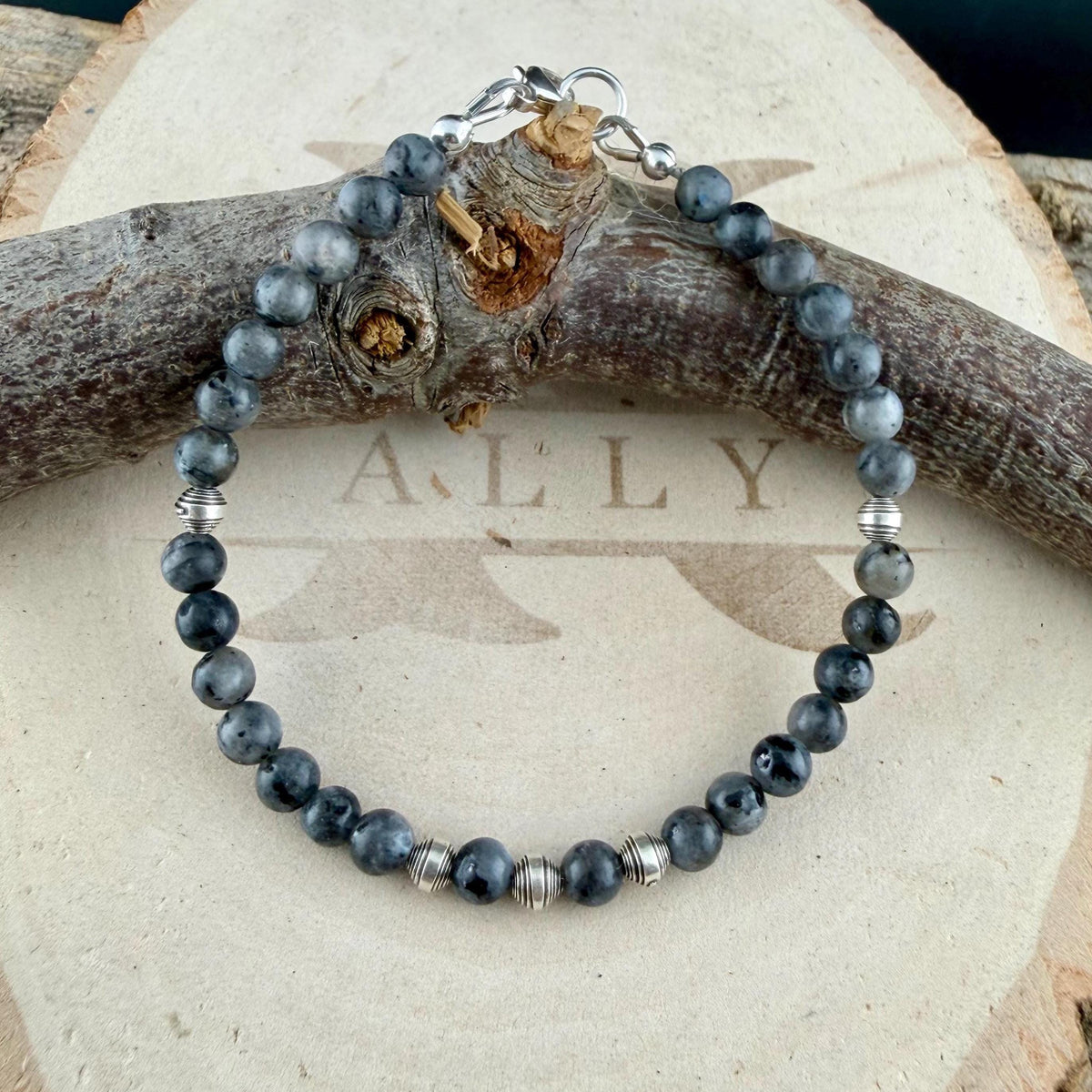 Larvikite Sterling Silver Bracelet • Black Labradorite Bracelet • Dainty Gemstone Jewelry • Stackable Beaded Bracelet