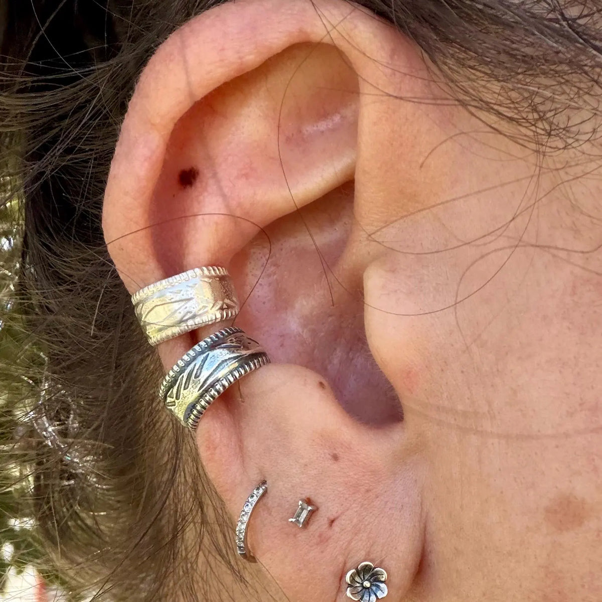Sterling Silver Ear Cuff • Southwest Embossed Band • Faux Conch • No Piercing