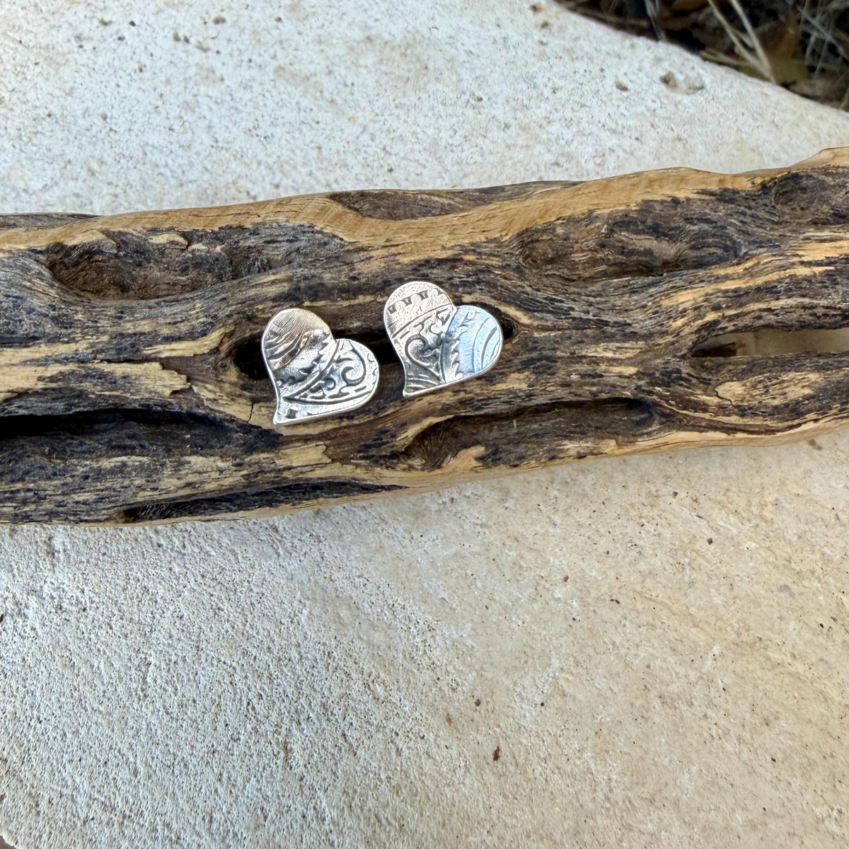 Sterling Silver Paisley Heart Stud Earrings | Textured Heart Posts | Southwestern Style