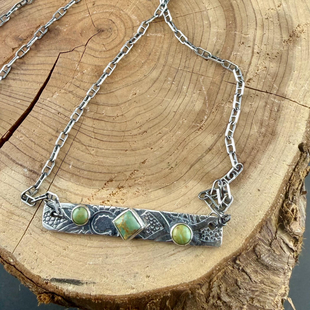 Kingman Green Turquoise Bar Necklace • Sterling Silver Pendant • Rustic Southwestern Jewelry
