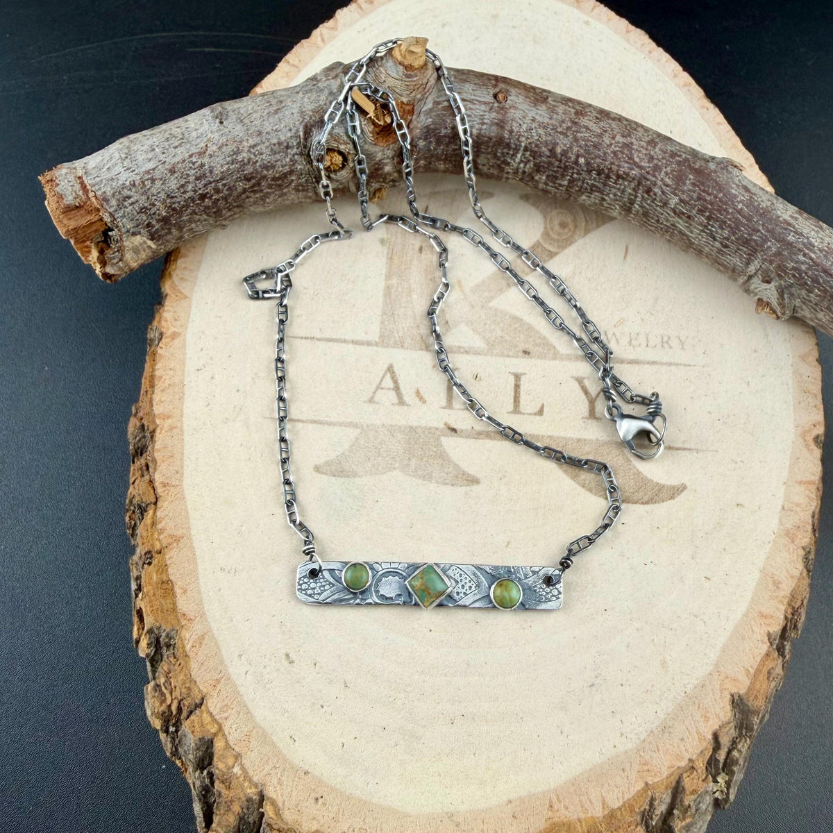 Kingman Green Turquoise Bar Necklace • Sterling Silver Pendant • Rustic Southwestern Jewelry