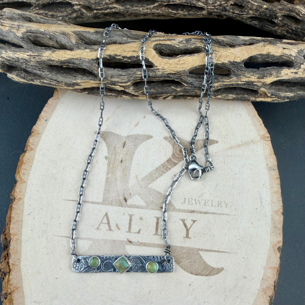 Kingman Green Turquoise Bar Necklace • Sterling Silver Pendant • Rustic Southwestern Jewelry