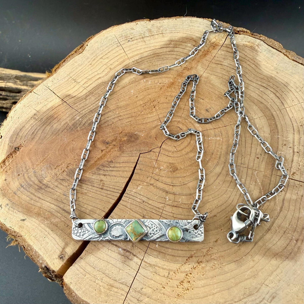 Kingman Green Turquoise Bar Necklace • Sterling Silver Pendant • Rustic Southwestern Jewelry