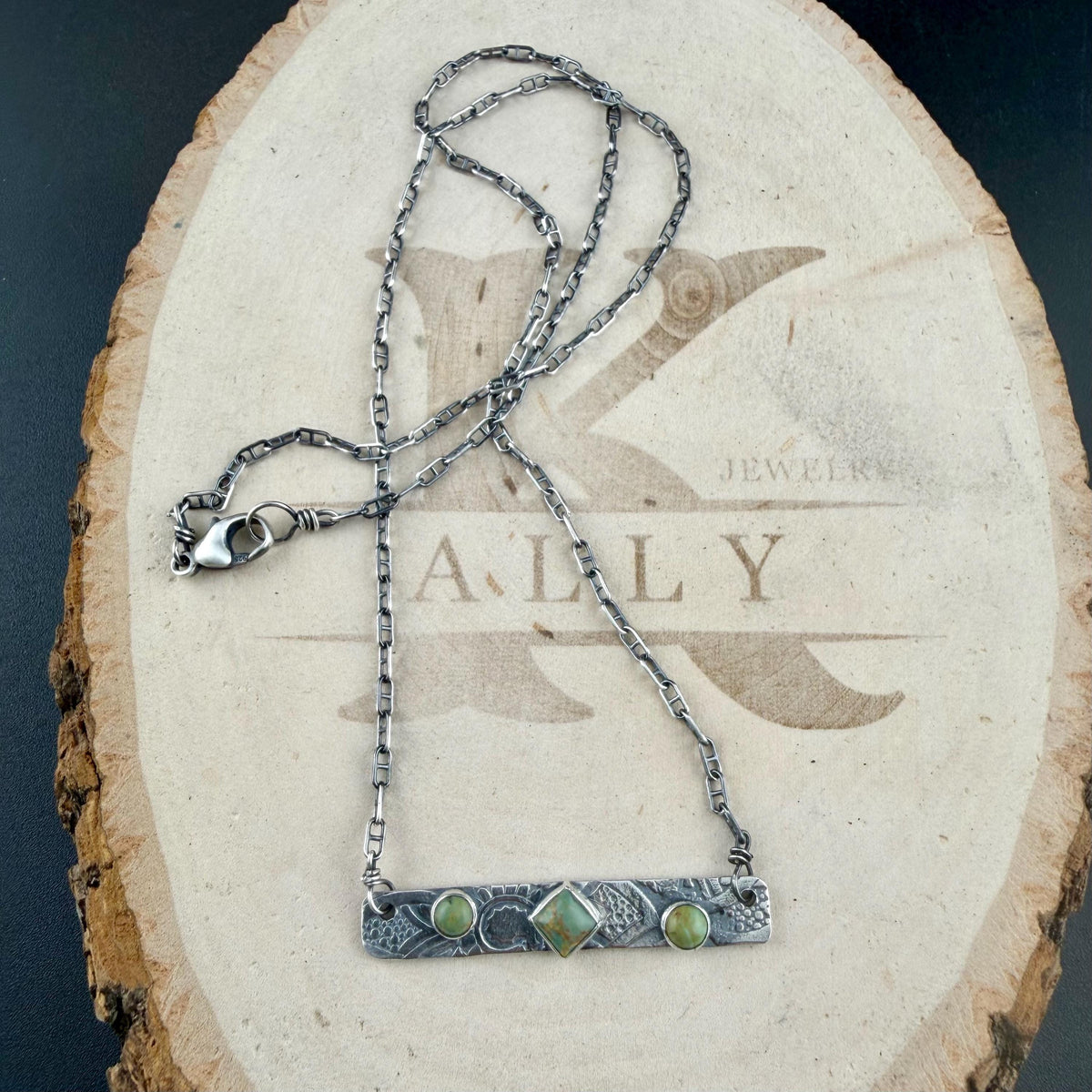 Kingman Green Turquoise Bar Necklace • Sterling Silver Pendant • Rustic Southwestern Jewelry