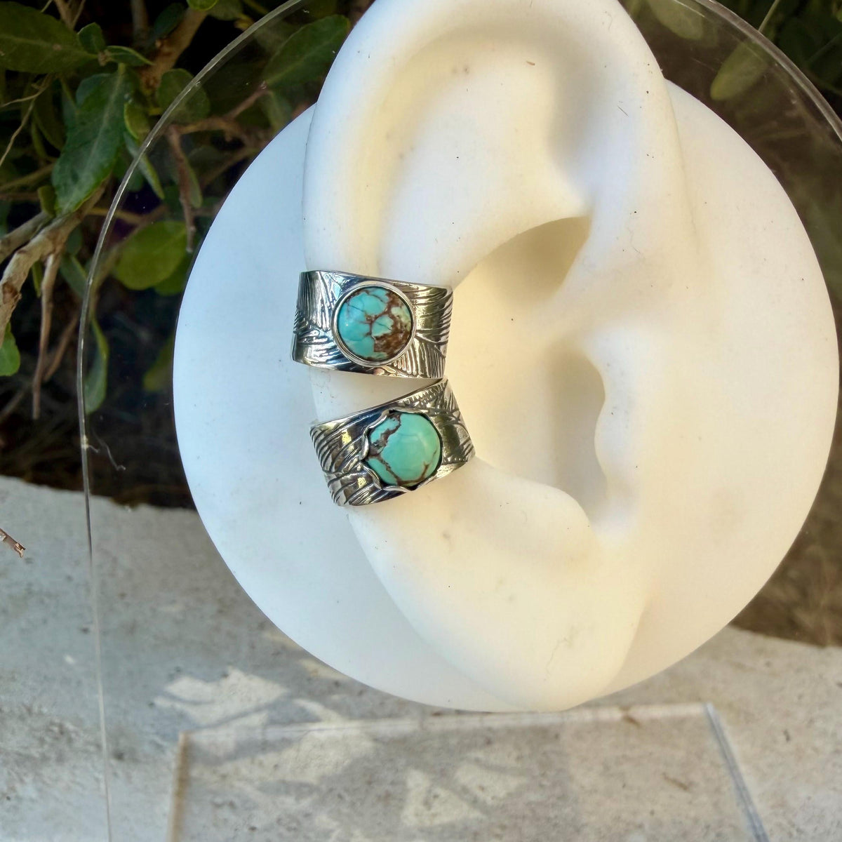 5mm Royston Turquoise Ear Cuff • Feather Sterling Silver Band • No Piercing Needed • Southwest Style