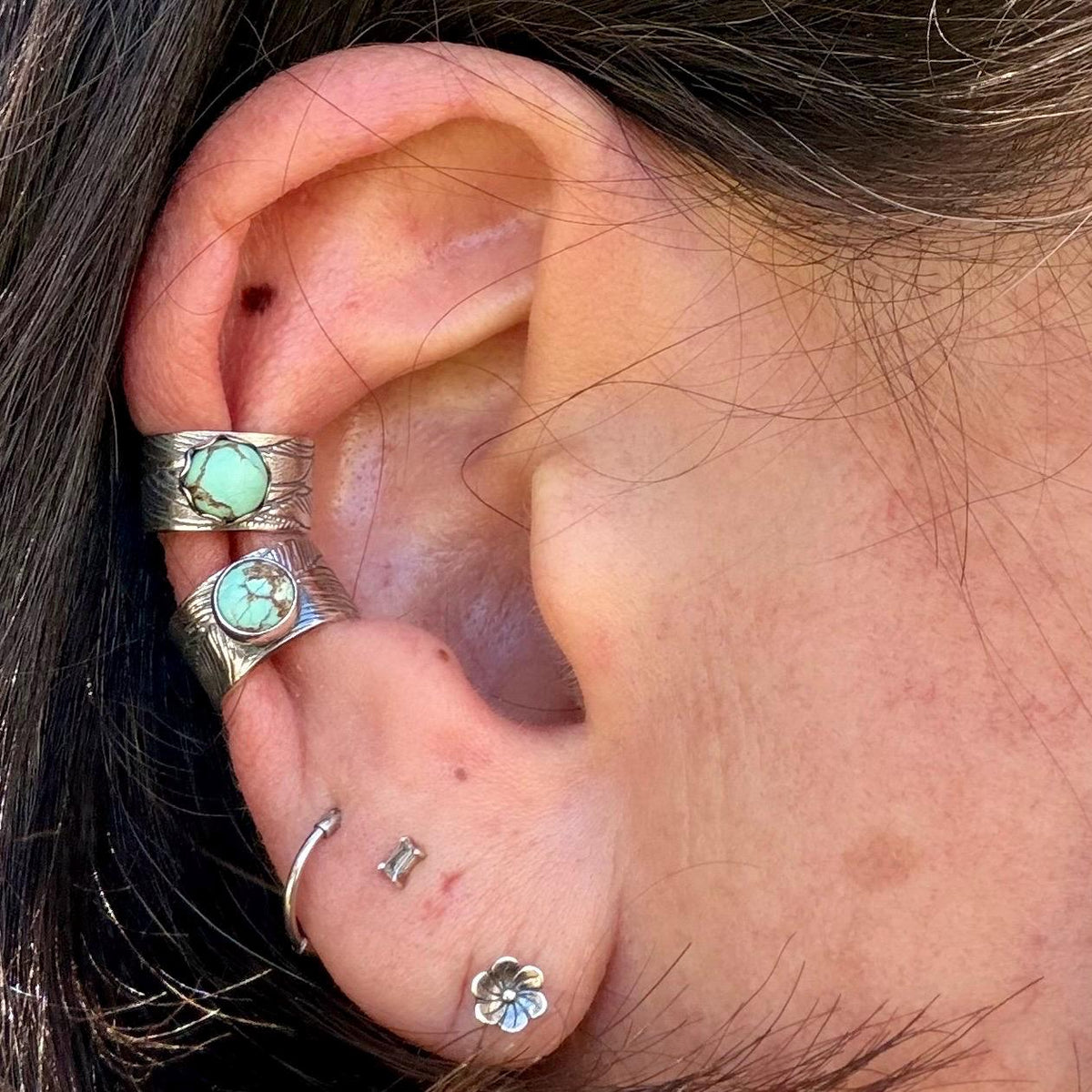 5mm Royston Turquoise Ear Cuff • Feather Sterling Silver Band • No Piercing Needed • Southwest Style