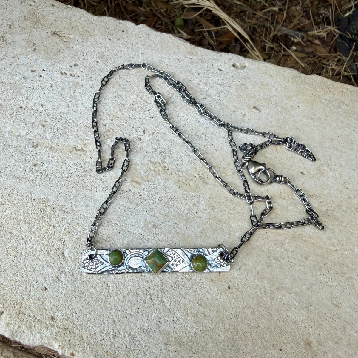 Kingman Green Turquoise Bar Necklace • Sterling Silver Pendant • Rustic Southwestern Jewelry