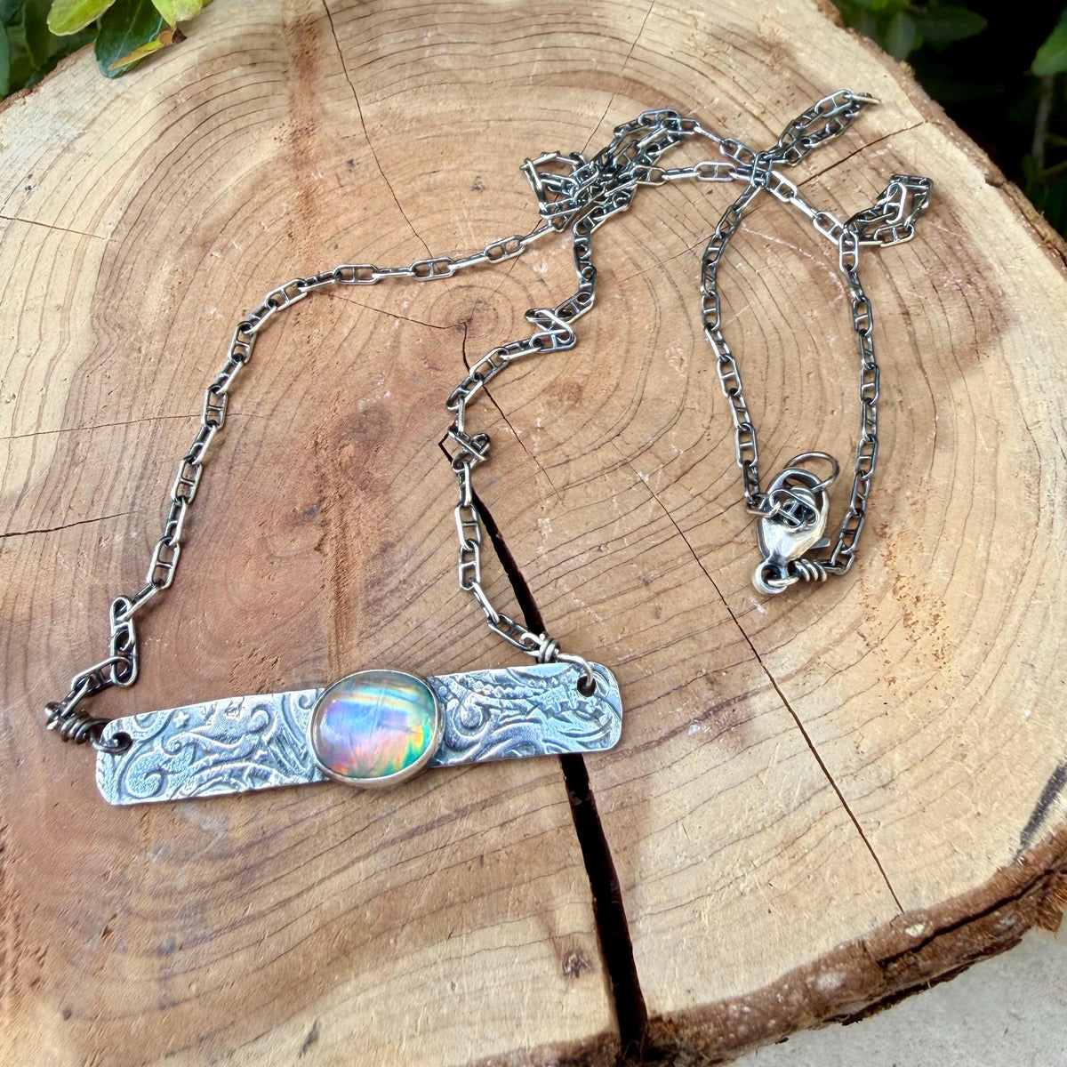 Rainbow Moonstone Paisley Bar Necklace • Sterling Silver Moonstone Jewelry • Rustic Southwestern Edition