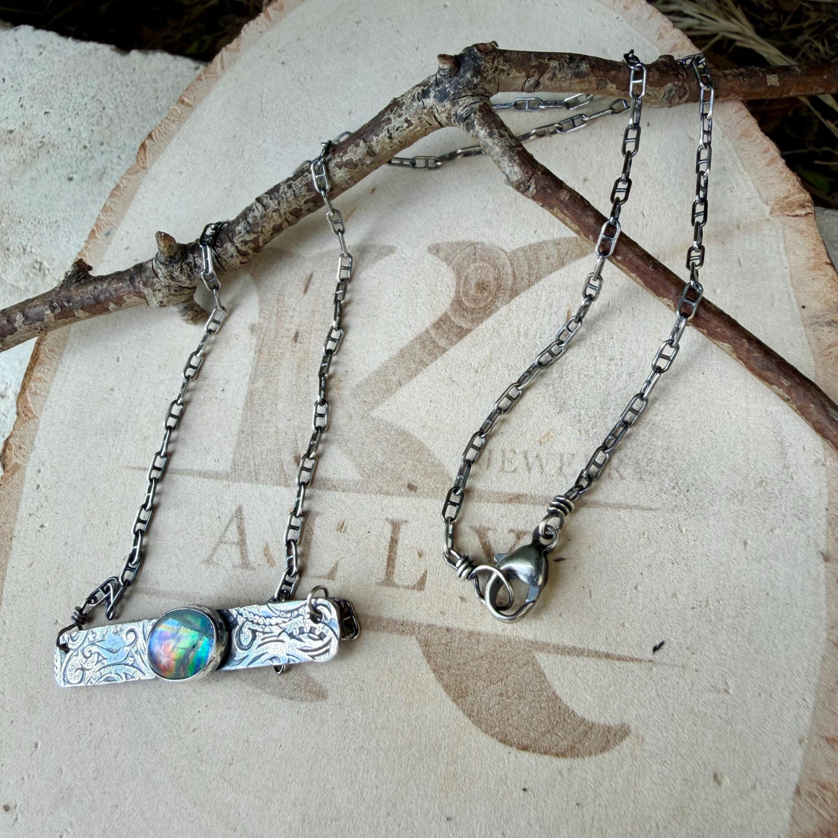Rainbow Moonstone Paisley Bar Necklace • Sterling Silver Moonstone Jewelry • Rustic Southwestern Edition