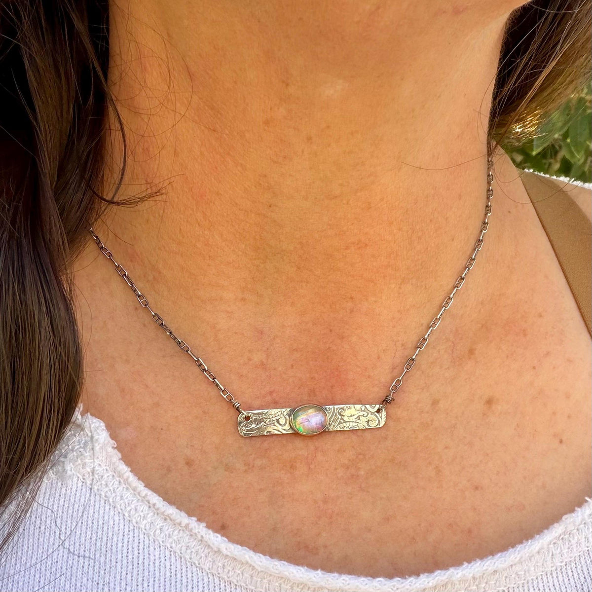 Rainbow Moonstone Paisley Bar Necklace • Sterling Silver Moonstone Jewelry • Rustic Southwestern Edition