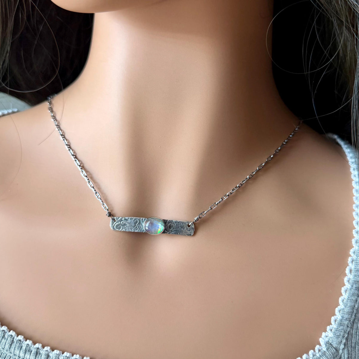 Rainbow Moonstone Paisley Bar Necklace • Sterling Silver Moonstone Jewelry • Rustic Southwestern Edition