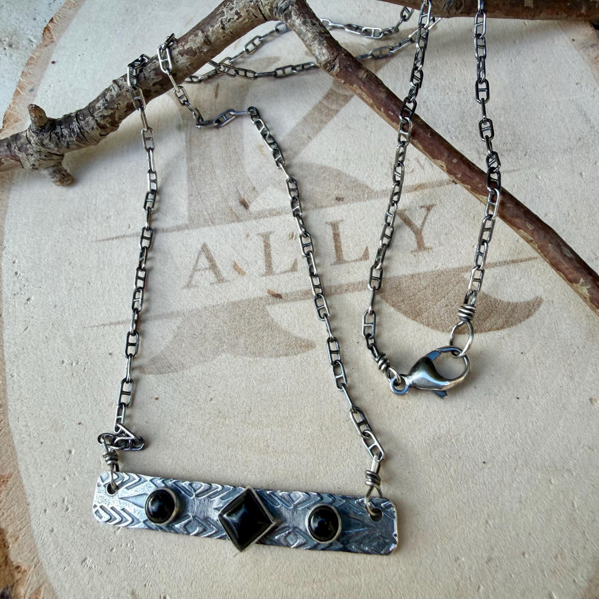 Black Onyx Bar Necklace • Sterling Silver Pendant • Rustic Southwestern Jewelry