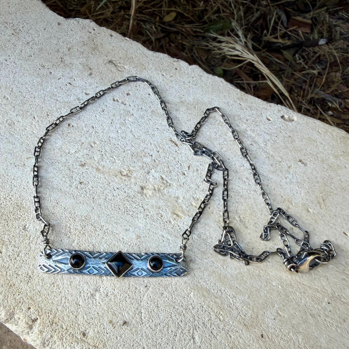 Black Onyx Bar Necklace • Sterling Silver Pendant • Rustic Southwestern Jewelry