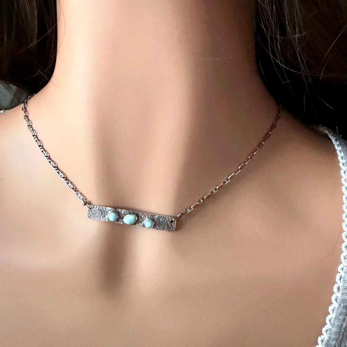 Larimar Bar Necklace • Sterling Silver Pendant • Paisley Southwestern Jewelry
