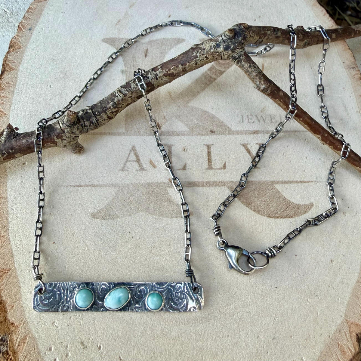 Larimar Bar Necklace • Sterling Silver Pendant • Paisley Southwestern Jewelry